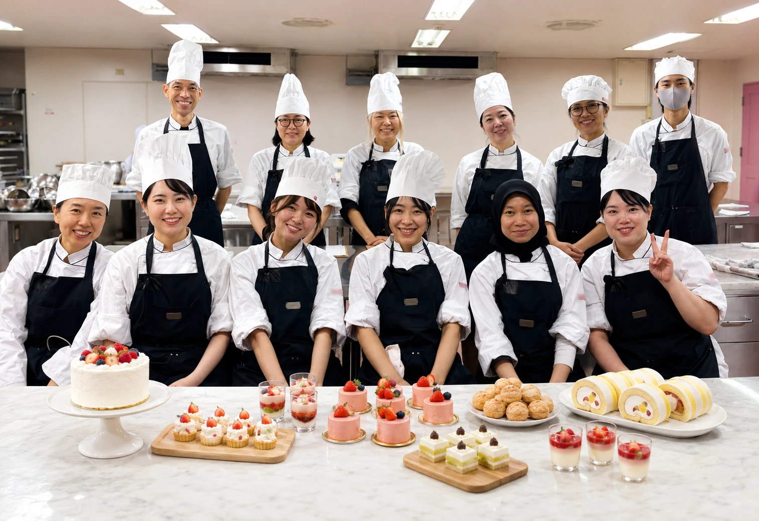 製菓を学ぶメンバーとスイーツの集合写真